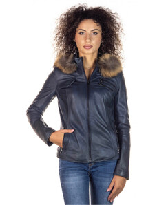 Leather Trend Michelina Cap - Giacca Donna Blu con Cappuccio in vera pelle