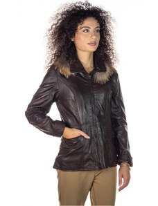 Leather Trend Venezia - Giacca Donna Testa di Moro con Cappuccio in vera pelle