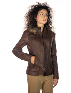 Leather Trend T100 - Giacca Donna Testa di Moro con Cappuccio in vera pelle