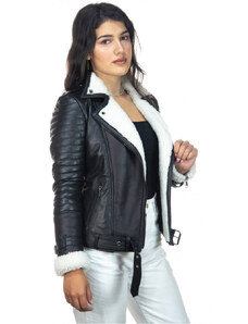 Leather Trend Alaska - Chiodo Donna Nero in vero montone Shearling Bianco e in vera pelle