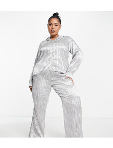 Vero Moda Curve - Pigiama composto da pantaloni e camicia in raso argento gessato-Grigio
