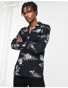 Only & Sons - Camicia nera a maniche lunghe con colletto a rever e stampa di rose-Nero