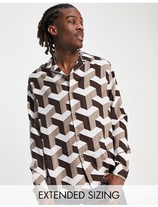 ASOS DESIGN - Camicia comoda marrone con rever e stampa geometrica
