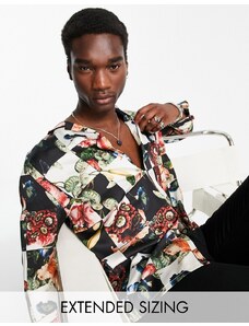 ASOS DESIGN - Camicia comoda in raso con rever e stampa a scacchi e fiori-Multicolore