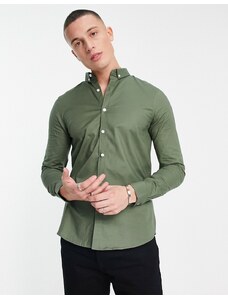 New Look - Camicia Oxford attillata a maniche lunghe kaki scuro-Verde