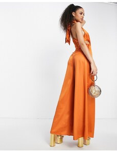 ASOS DESIGN - Tuta jumpsuit drappeggiata allacciata al collo color rame con incrocio sul davanti e cut-out-Arancione