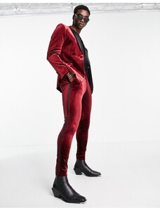 ASOS DESIGN - Pantaloni da smoking super skinny in velluto bordeaux-Rosso