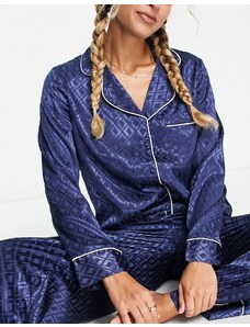 River Island - Camicia del pigiama in raso blu jacquard