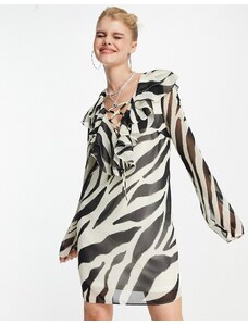 ASOS DESIGN - Vestito corto svasato zebrato con volant e laccetti-Multicolore