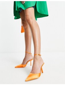 London Rebel - Scarpe a punta in raso arancione con tacco a spillo e cinturino alla caviglia