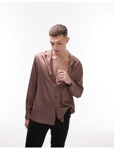 Topman - Camicia in raso marrone cioccolato con stampa geometrica