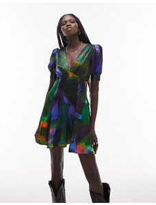 Topshop - Vestito da giorno corto in raso con stampa astratta-Multicolore