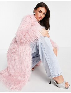 Miss Selfridge - Cappotto lungo rosa chiaro in pelliccia sintetica