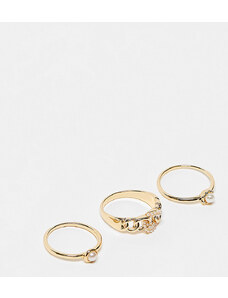 DesignB London Curve - Confezione da 3 anelli color oro con perle