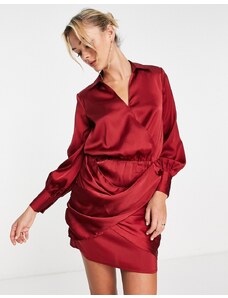 River Island - Vestito camicia corto con incrocio in raso rosso