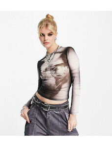 Bershka - Top a maniche lunghe nero in rete con stampa digitale a corsetto-Multicolore