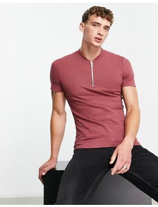 ASOS DESIGN - T-shirt elegante attillata bordeaux con zip-Rosso