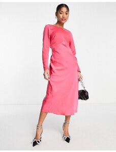 ASOS DESIGN - Vestito midi a maniche lunghe in raso rosa con coulisse sul retro