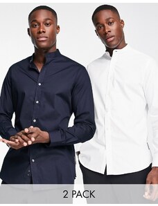 French Connection - Confezione da 2 camicie con collo serafino bianca e blu navy