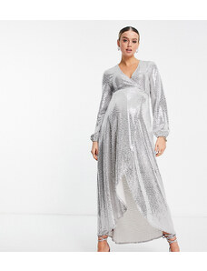 Flounce London Maternity - Vestito lungo avvolgente a maniche lunghe argento con paillettes