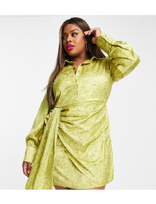 In The Style Plus x Perrie Sian - Vestito camicia corto svasato chartreuse con stampa animalier e dettaglio avvolgente-Multicolore