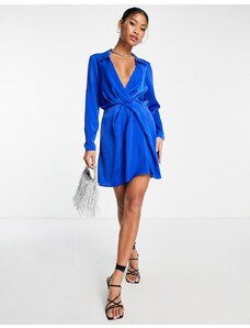 ASOS DESIGN - Vestito corto in raso blu con colletto e design incrociato