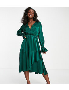 Esclusiva In The Style - Vestito midi a portafoglio in raso verde smeraldo