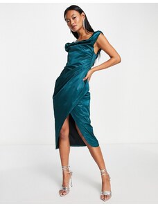 ASOS DESIGN - Vestito midi strutturato con stecche con scollo Bardot e spalle scoperte verde-azzurro in raso