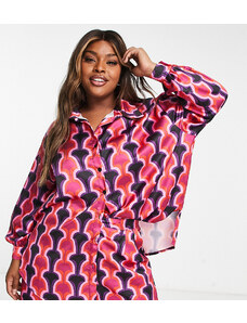 In The Style Plus - Camicia oversize con stampa geometrica rosa in coordinato-Multicolore