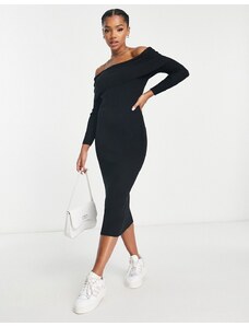 New Look - Vestito midi in maglia nero con scollo Bardot