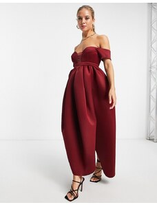 ASOS DESIGN - Vestito cocoon per il ballo di fine anno lungo con spalle scoperte e inserto a rete rosso vino-Multicolore