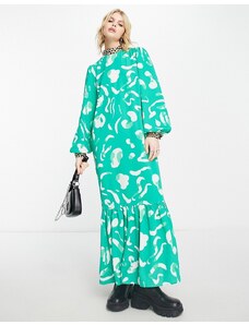 ASOS DESIGN - Vestito grembiule lungo accollato verde con stampa astratta mista-Multicolore
