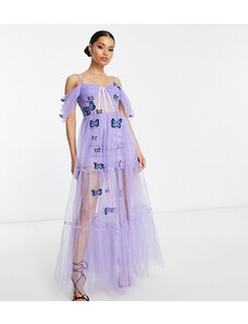 Esclusiva Lace & Beads Petite - Vestito a corsetto lilla trasparente con ricamo di farfalle in 3D-Viola