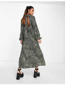 ASOS DESIGN - Vestito lungo accollato plissé kaki leopardato-Multicolore