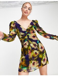 Topshop - Vestito da giorno corto arricciato con stampa floreale sfocata effetto tie-dye multicolore
