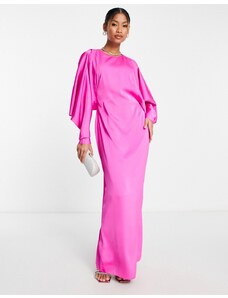 ASOS Edition - Vestito lungo in raso rosa acceso con maniche ad ali di pipistrello e scollo drappeggiato a V sul retro