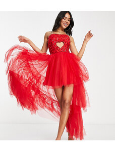 Esclusiva Lace & Beads - Vestito lungo asimmetrico rosso decorato con cut-out a cuore