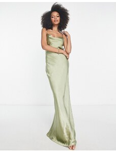 Pretty Lavish - Keisha - Vestito lungo da damigella in raso verde oliva tenue con scollo ad anello