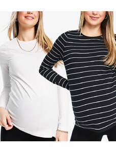 New Look Maternity - Confezione da 2 top a maniche lunghe bianco e nero a righe