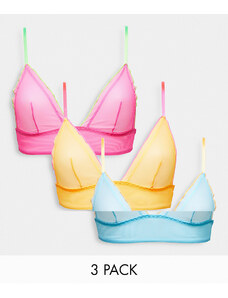 ASOS DESIGN - Confezione da 3 brassière a triangolo taglio lungo in rete multicolore vivace con volant a contrasto