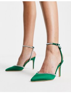 New Look - Scarpe con tacco medio in raso verde acceso con strass e cinturino alla caviglia
