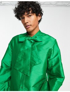 ASOS DESIGN - Camicia vestibilità classica verde in taffetà con allacciatura sul collo