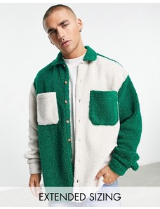 ASOS DESIGN - Camicia giacca oversize in pile borg verde e bianca con motivo cut & sew-Multicolore