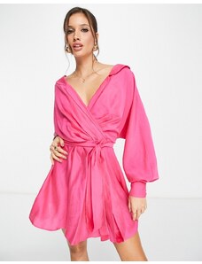 ASOS DESIGN - Vestito camicia corto in tessuto rosa slavato con allacciatura e spalle scoperte