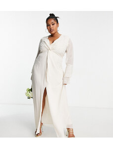 Hope & Ivy Plus Bridal - Vestito lungo da sposa ricamato color avorio con maniche a balze-Bianco