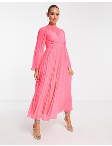 ASOS DESIGN - Vestito midi plissettato rosa fluo con maniche svasate e laccetto sulla schiena