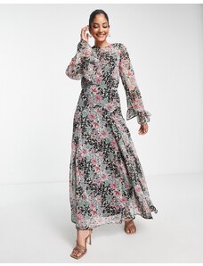 ASOS DESIGN - Vestito lungo a godet con maniche a svasate e stampa combinata a fiori-Multicolore