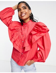 Miss Selfridge - Camicia in popeline rossa con bottoni in strass e volant oversize-Rosso