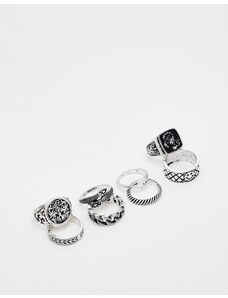ASOS DESIGN - Confezione di 8 anelli misti color argento con motivo a filo spinato