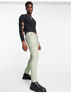 ASOS DESIGN - Pantaloni cargo super skinny in pelle sintetica opaca - KHAKI-Verde